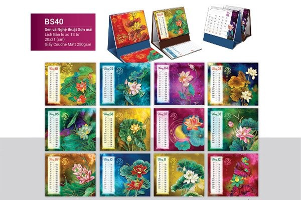 Mẫu lịch để bàn chữ A 2021 mới nhất - Sen và nghệ thuật sơn mài