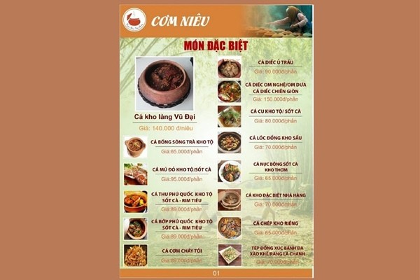 Mẫu menu nhà hàng cơm niêu
