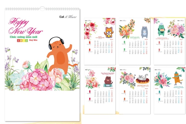 In lịch treo tường Cat & Flower