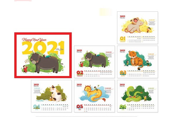 Mẫu lịch để bàn cute 12 con giáp ngộ nghĩnh