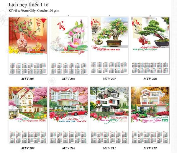Mẫu lịch treo tường 2020 1 tờ nẹp thiếc