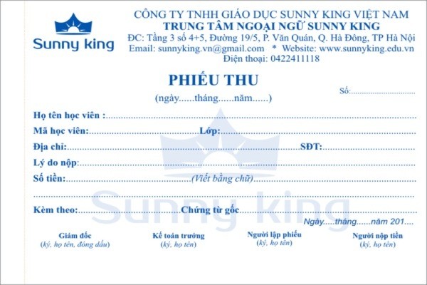 Mẫu phiếu thu công ty Sunny king